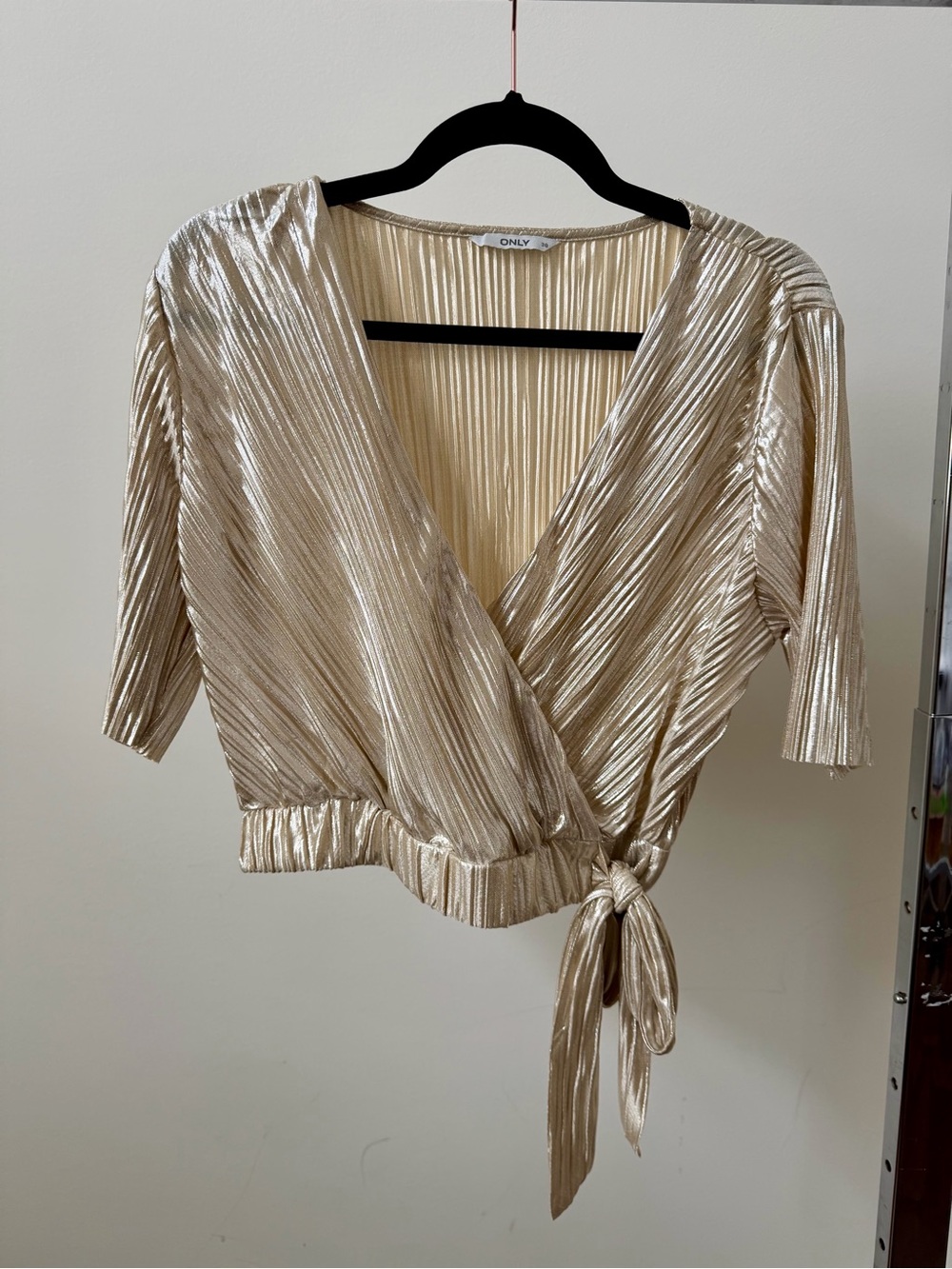 Only Metallic Wrap Tie-Front Crop Top in Gold